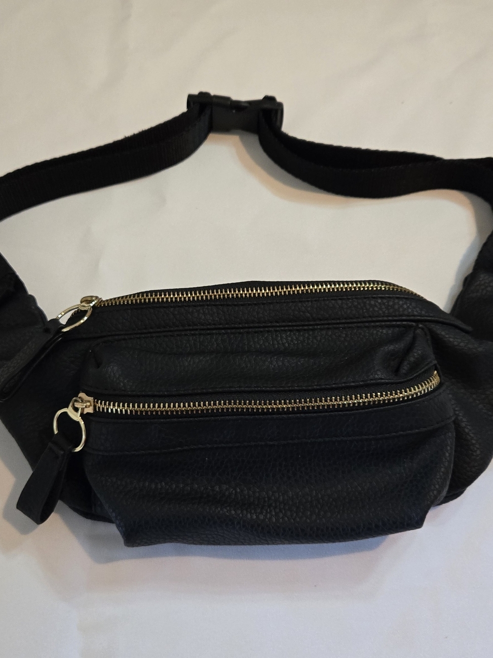 Black Leather-Look Belt Bag Fanny Pack with Gold Zippers